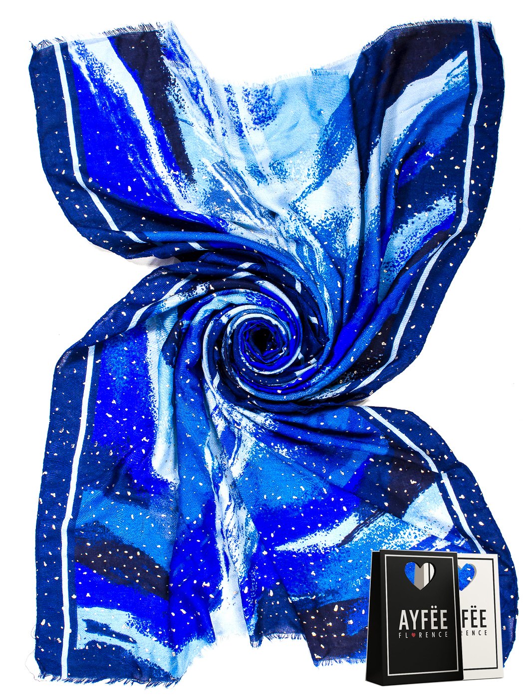 STOLA STAMPA ABSTRACT PAINTING CON GLITTER, CM 90*180, 100% VISCOSE, MADE IN PRC   - BLUE